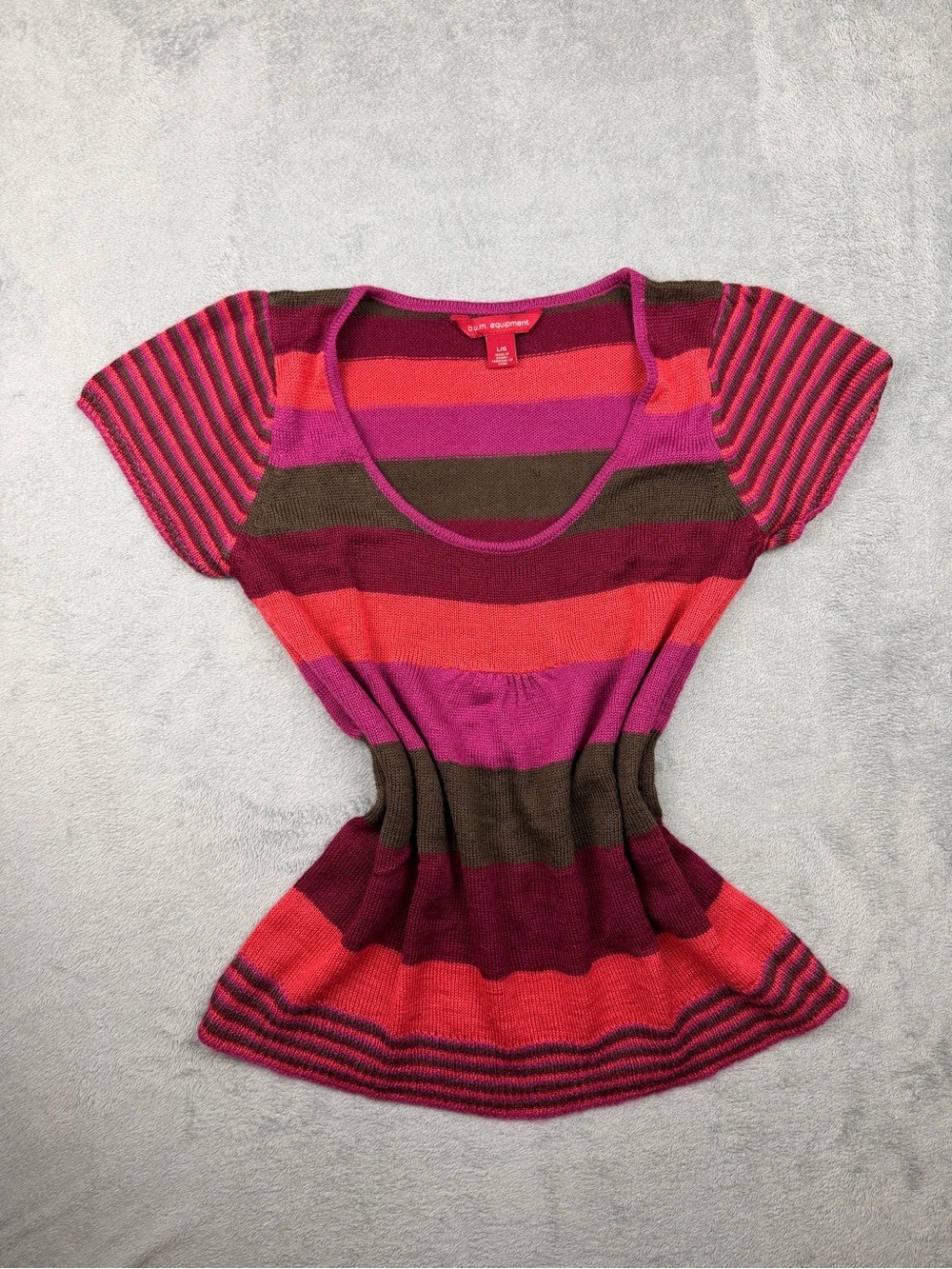 Striped Scoop-Neck Short Sleeve Top in Pink, Red & Brown